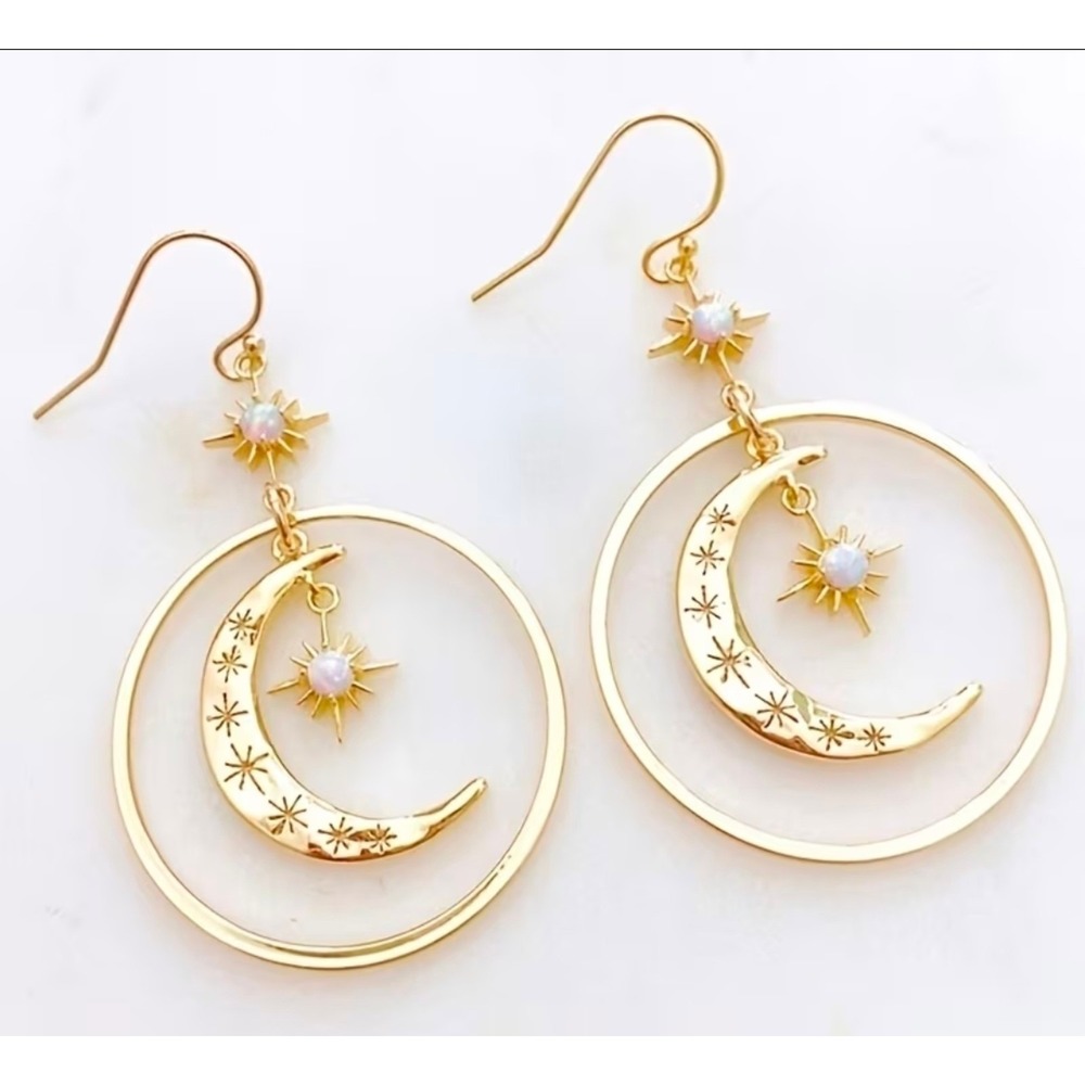 Golden Hook Crescent Moon Geometric Circle Opalescent Gem Earringsβ Handmade NEW